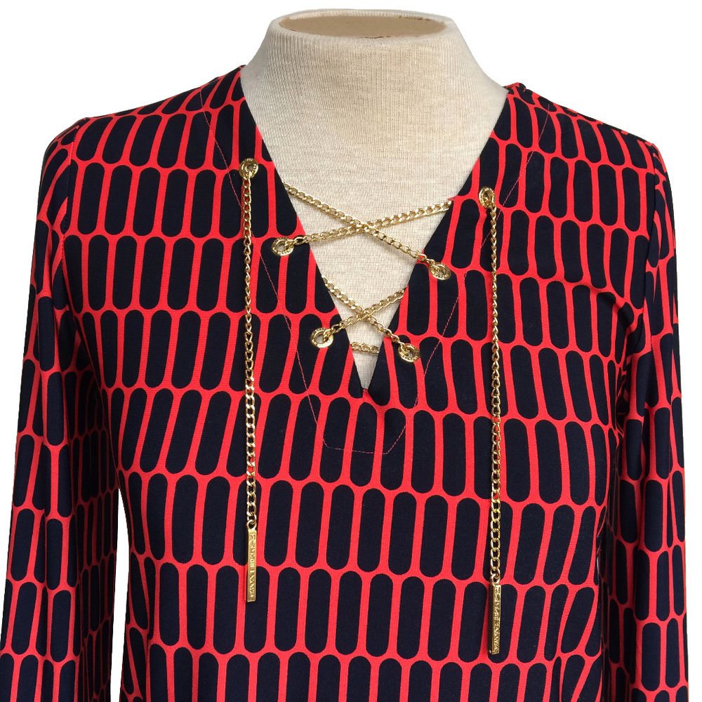 Michael Kors Black Red Gold Chain Lace Up Blouse S